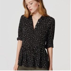 Women's LOFT Black Cherry Print Long Sleeve Peplum Blouse Size Medium